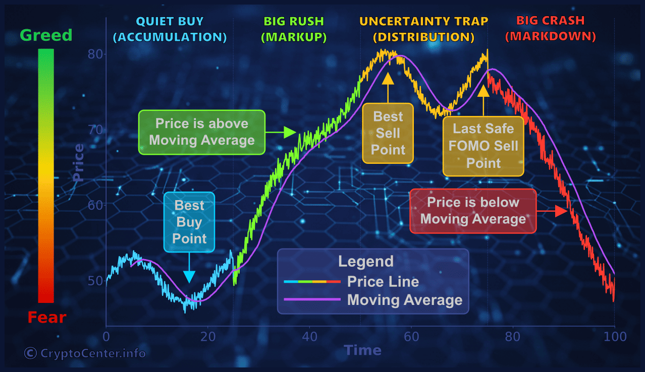 A simplified crypto market cycle chart showing four phases: The Quiet Buy (Accumulation), Big Rush (Markup), Uncertainty Trap (Distribution), and Big Crash (Markdown). The chart illustrates a price line crossing a moving average to identify the 'Best Time to Buy' and the 'Best Sell Point' for maximizing crypto profits.